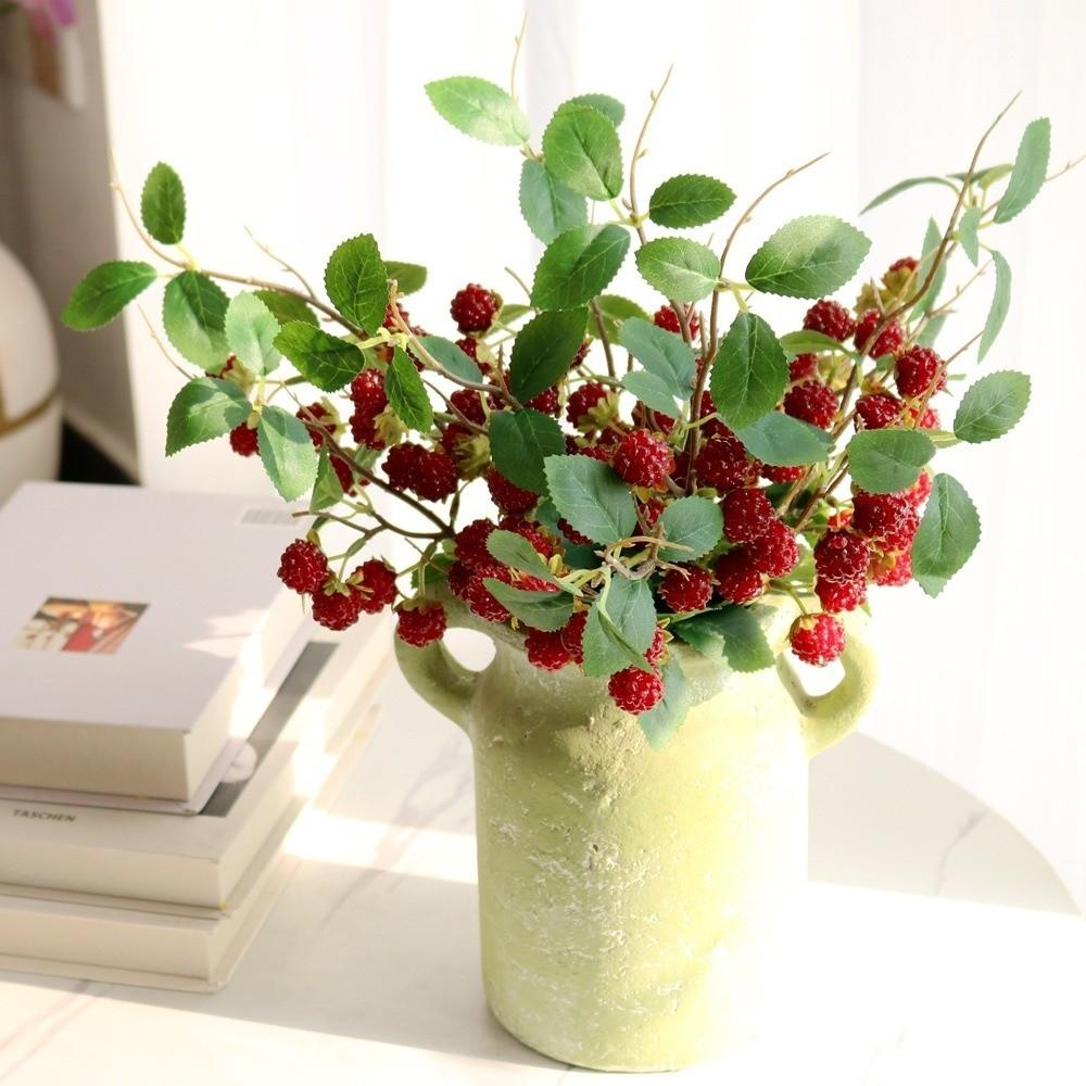 Green Leaves Mulberry Fruit Plants Faux Red Raspberry Fake Plants Artificial Raspberry Branch Gift