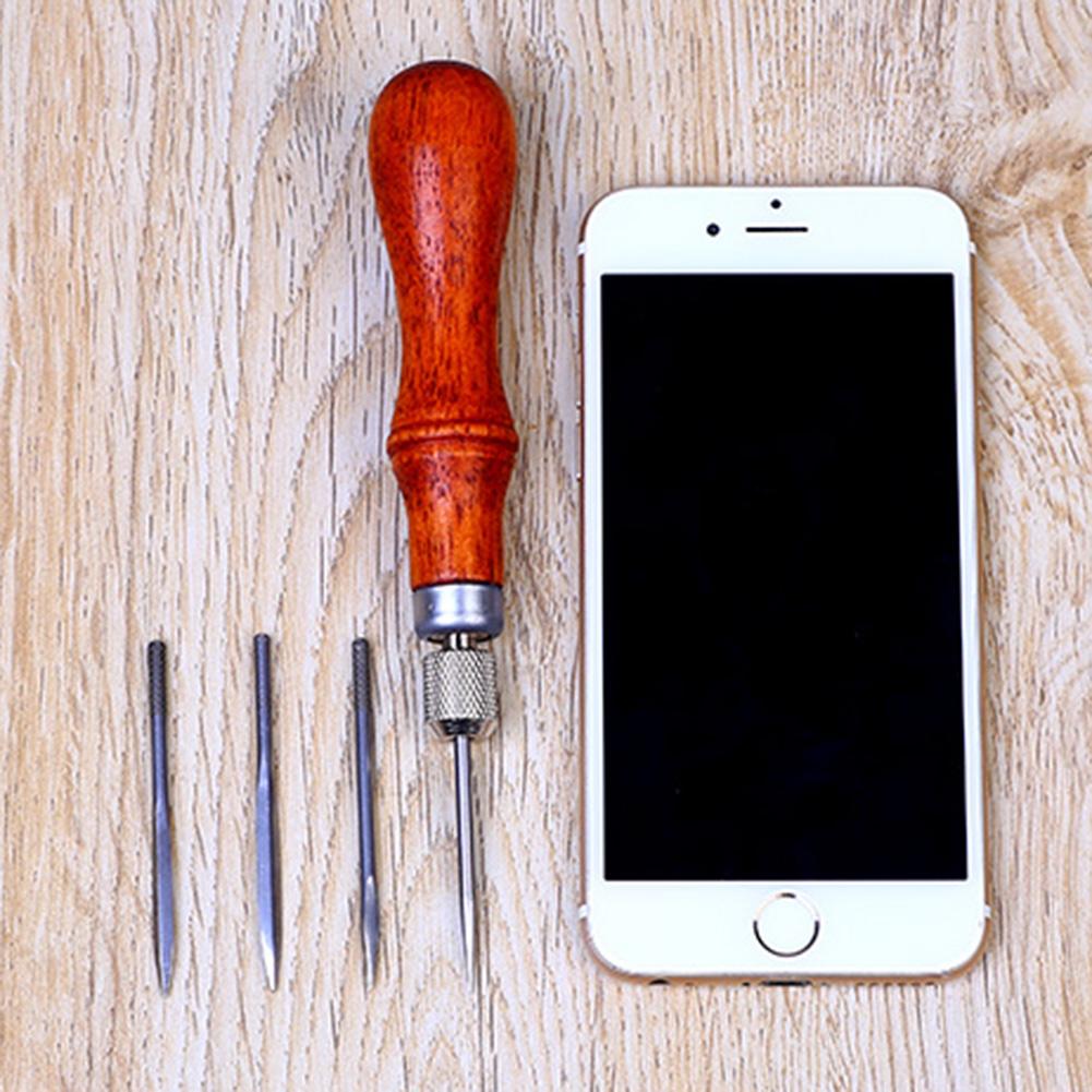 4 in 1 Leather Hole Punch Tool with Hardwood Handle Steel Sewing Punching Hole Maker Handmade Maker Tool for DIY Leather Craft