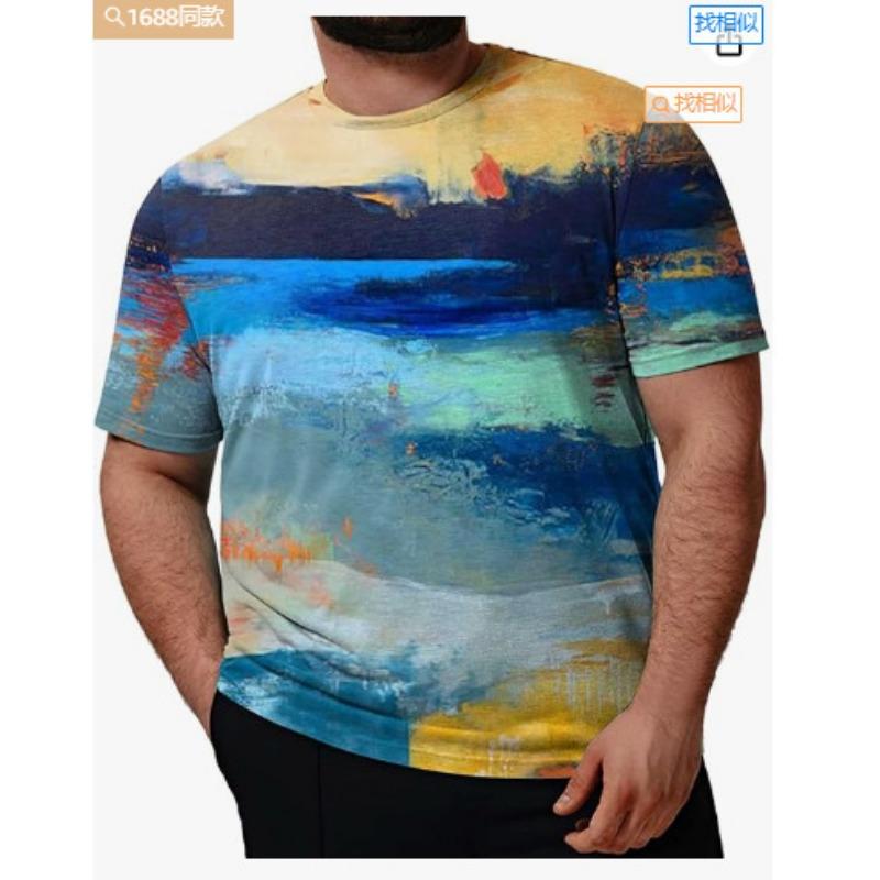 Summer Casual Round Neck Short Sleeved Loose Gradient 3D Printed Men's T-shirt