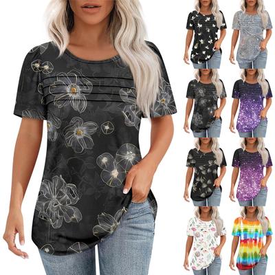 Футболки для женщин, плиссированные, с круглым вырезом, нарядные, повседневные, блузки с принтом, с коротким рукавом, летние топы, свободный крой