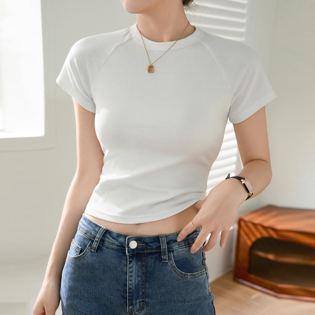 Короткая футболка из чистого хлопка с высокой талией для женщин, летняя новая круглая горловина, распорка на плечах, короткий рукав, базовая рубашка