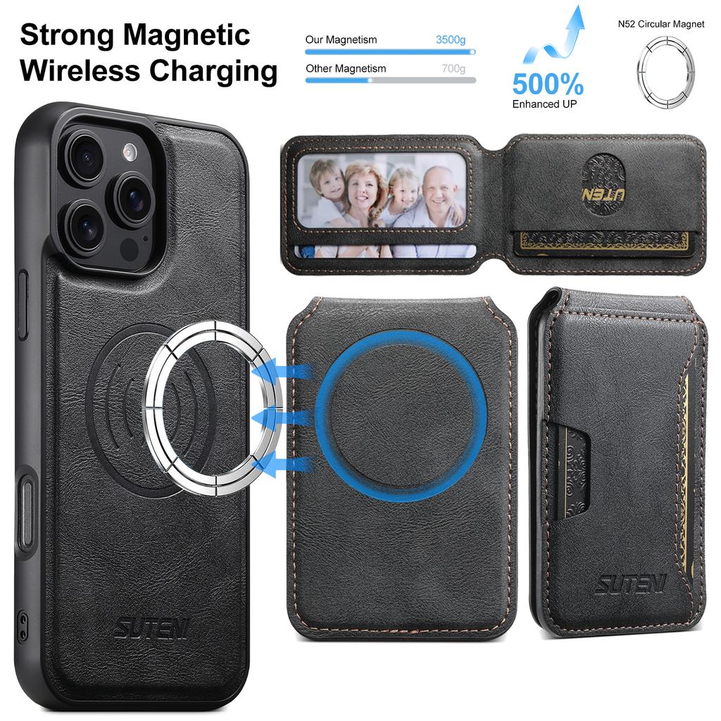 For iPhone 16 Pro Magnetic Case Cowhide Texture Leather Back Cover with Card Bag Kickstand