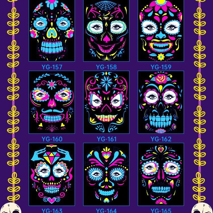 New Halloween Fluorescent Funny Death Skull Face Tattoo Stickers for Masquerade Neon Tattoo Decals