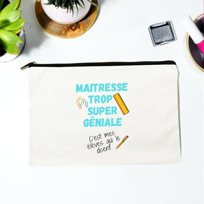 Teacher Superpower French Letter Print Women Cosmetic Bag Canvas Zipper Makeup Pouch Purse Organizer Pencil Bags Toiletry Bag