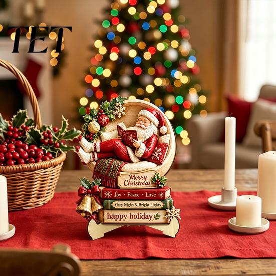 Festival Atmosphere Decor Christmas Wooden Table Sign, 2D Flat Santa Claus/Snowman Reading Desktop Ornament Xmas Home with Stand, Holiday Tabletop