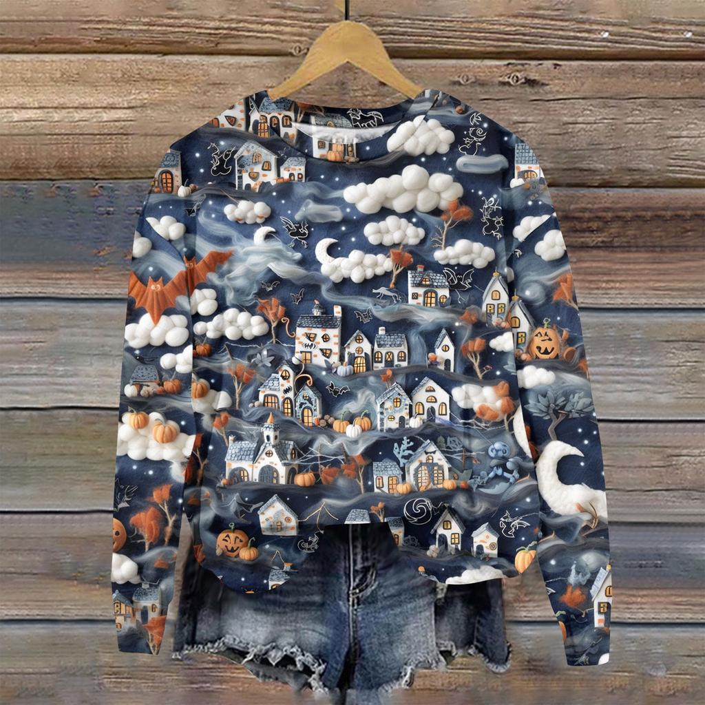 Женский осенне-зимний топ с круглым вырезом и длинными рукавами, милый свитер-пуловер с принтом 3D на тему Хэллоуина