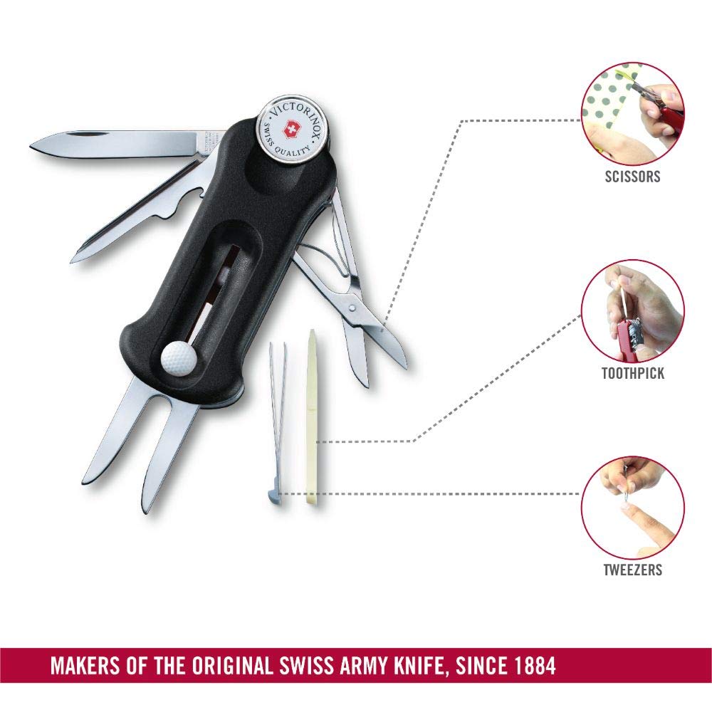 Victorinox Гольф Черная Гольф-вилка с Маркером и Маркером для Мяча Ремонт Оснащена Съемным Инструментом для Спортивных Мячей с 10 Функциями Инструмент, Инструмент, Маркер,