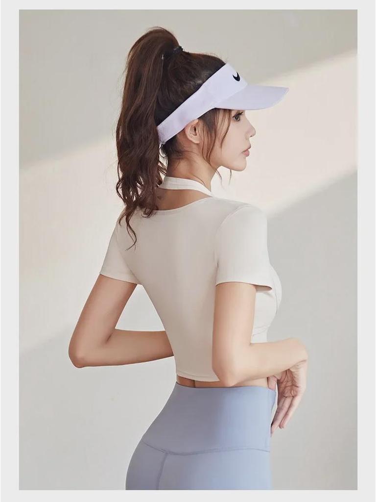 Peach Halter Neck Yoga Suit with Chest Pad - Short Sleeve, Tight Fit