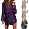 Женское платье с круглым вырезом и длинными рукавами на шнуровке размера плюс с узкой талией, сверкающее, мягкое, сексуальное, длиной выше колена для клубной вечеринки