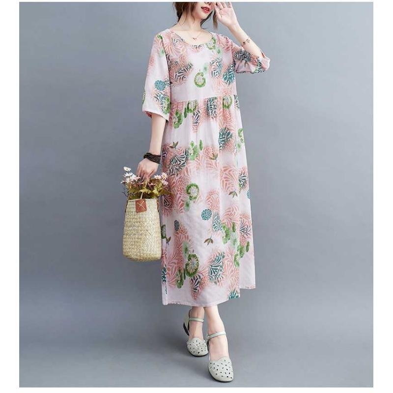 Летние новые большие размеры свободные тонкие круглые вырезы рукава пять минут женские платья для уменьшения возраста