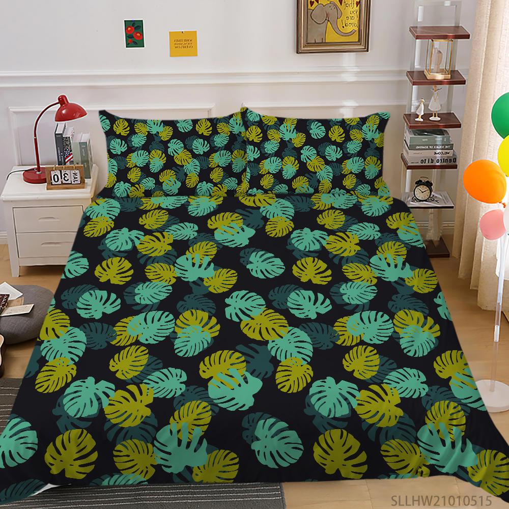 3D Green Leaf Bedding Plant Down Quilt Cover and Pillowcase 2 or 3 Pieces of Microfiber Fabric with Zipper Washable Super Soft Home Decoration