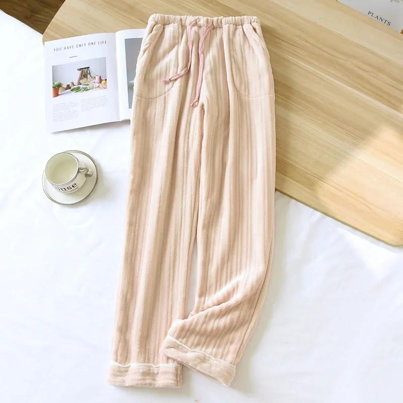 2025 Winter New Women's Pants Flannel Thickened Warm Bar Pattern Sleep Pants Four Color Pocket Home Pants Ladies Bottoms Womens