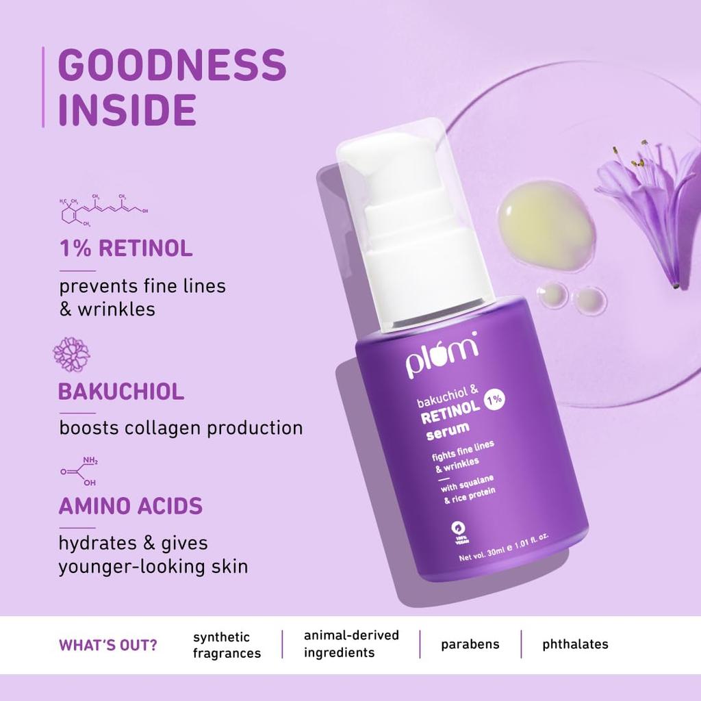 Plum Ночная сыворотка для лица с 1% ретинола. Подходит для начинающих. Для мелких морщин, морщин. Более гладкая текстура. Для всех типов кожи. 30 мл