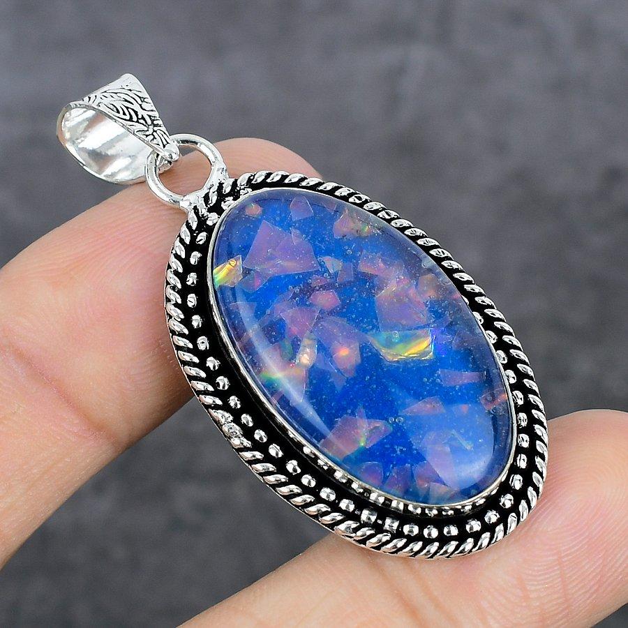 Синий Триплет Опал Этнический 925 Стерлинговое Серебро Ювелирный Подвеска 2.09" Z7a35