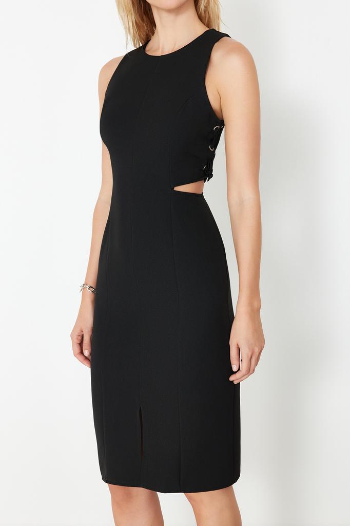 Women's Fashion New Dress Black Fitted Cut Out Detailed Sleeveless Midi Woven Dress