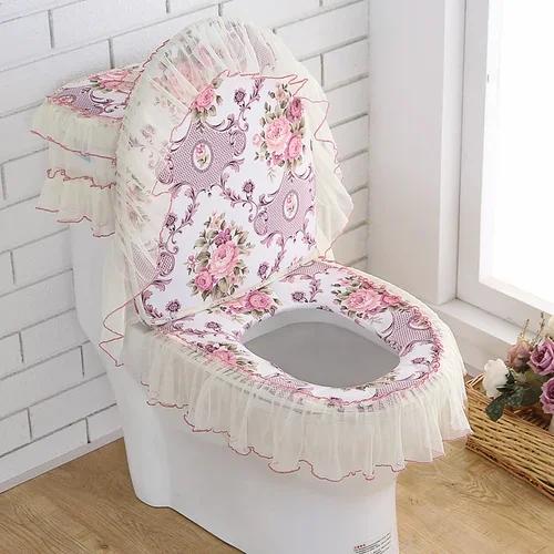 Декор из кружевной ткани с принтом Коврик для унитаза из трех частей Большая юбка Подол Чехол на сиденье для унитаза с молнией Пылезащитный чехол для унитаза