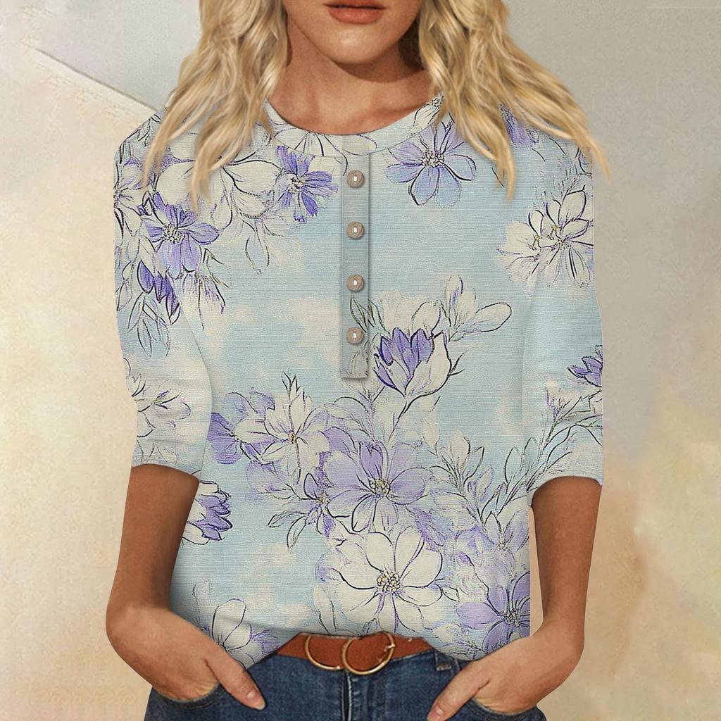 Женская мода повседневная 3/4 рукава цветочный принт пуловер круглый вырез топ повседневная одежда