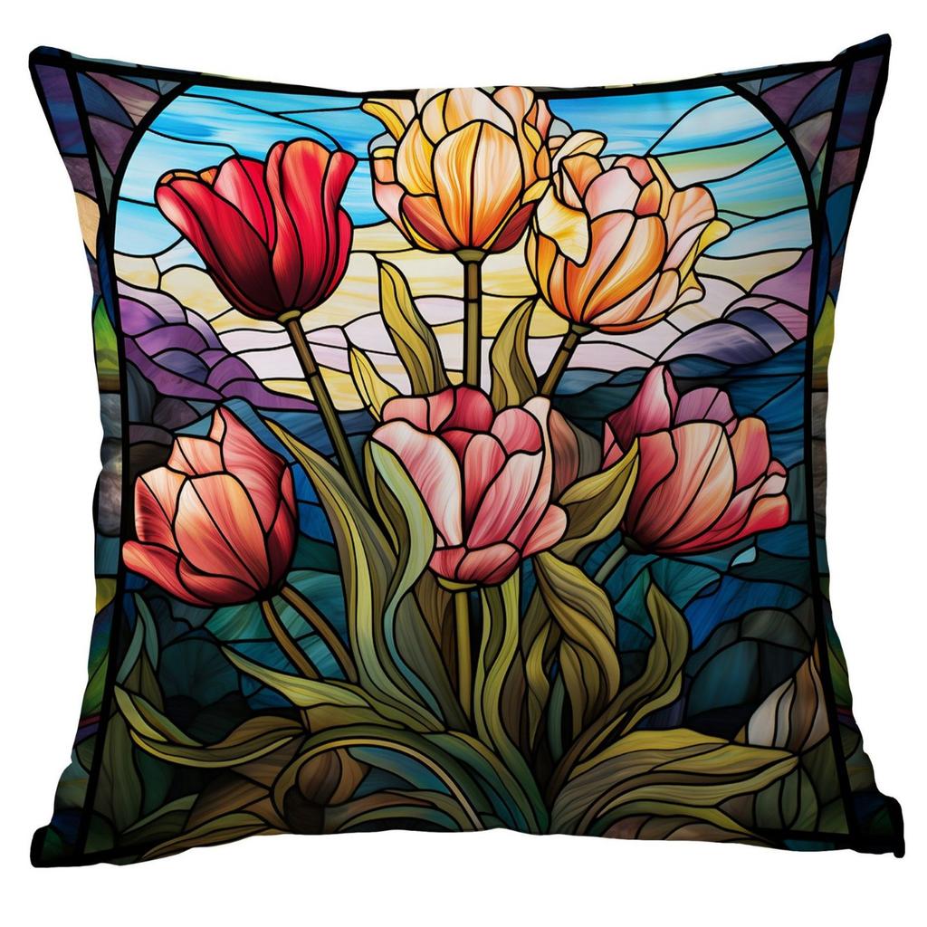 New Vintage Floral Pillowcase Creative Colored Glass Printed Home Sofa Car Cushion Pillowcase