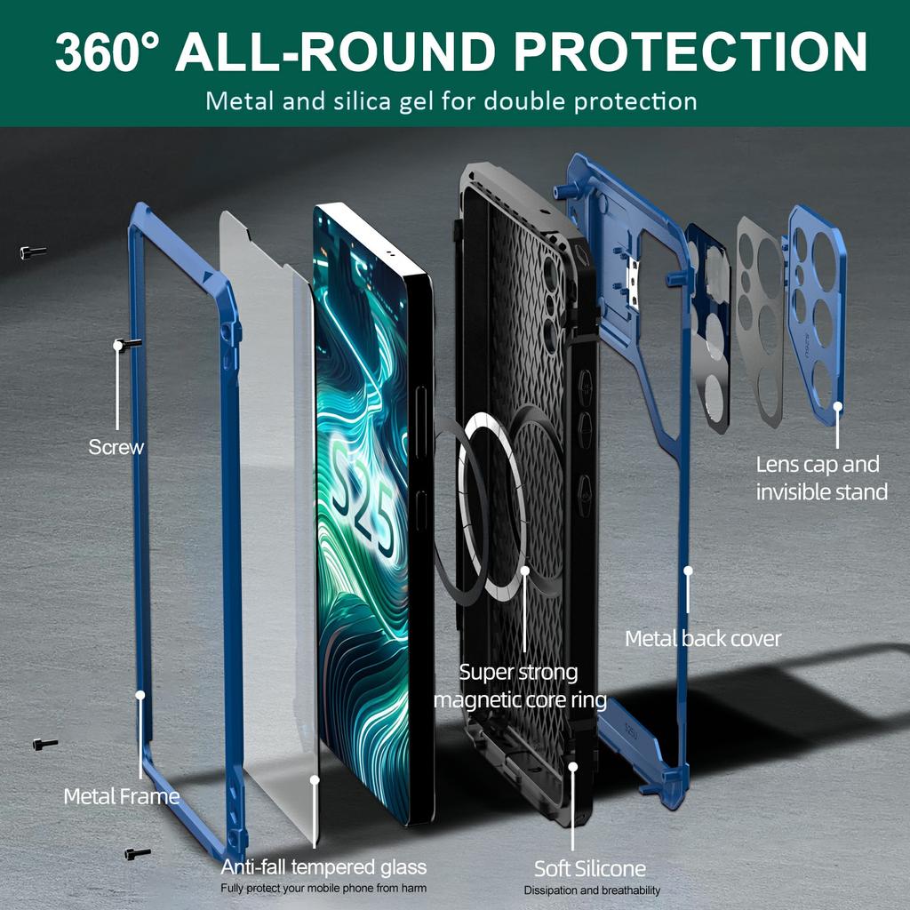 For Samsung Galaxy S25 Ultra Case Aluminum Alloy+Silicone Lens Kickstand Phone Cover with Tempered Glass Film