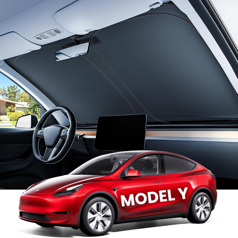 REEVAA 2025 Улучшенная солнцезащитная шторка на лобовое стекло Tesla Model 3 Highland [Индивидуальная посадка, 99% защита от солнца] Складные и простые в использовании аксессуары-солнцезащитники с