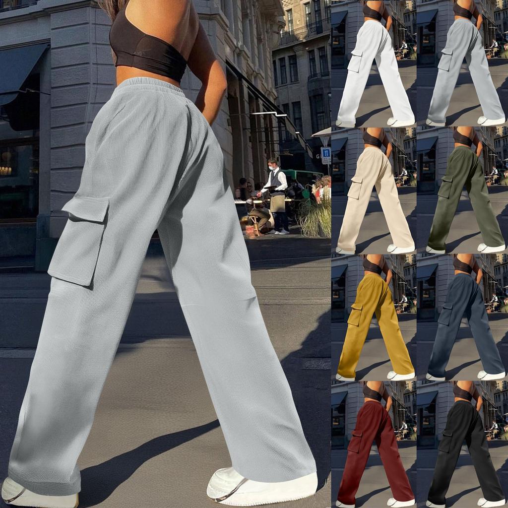 Womens Trendy Casual Streetwear Baggy Cargo Pants With Pockets Wide Leg Trousers Loose Overalls Long Pants