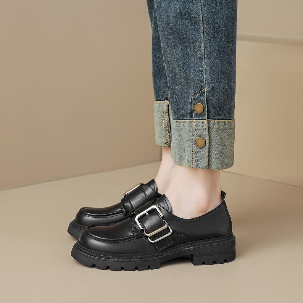 One-word Buckle with Thick-soled Women's Retro Small Leather Shoes and Soft-soled Single Shoes Women