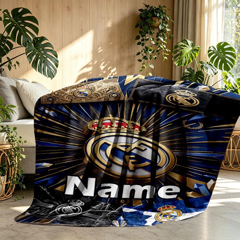 Custom Name Personalized Real Madrid Football Print Blanket, Home Decor, Bedroom, Sofa, Camping, Couch, Gifts for Birthday Christmas