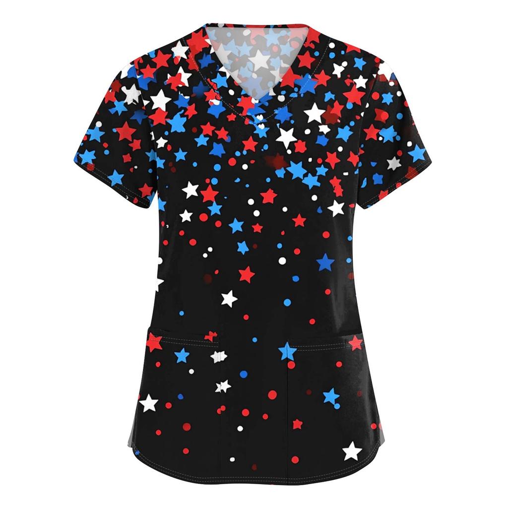 Women's Short Sleeve Independence Day Printed V-Neck Pocket Workwear Top