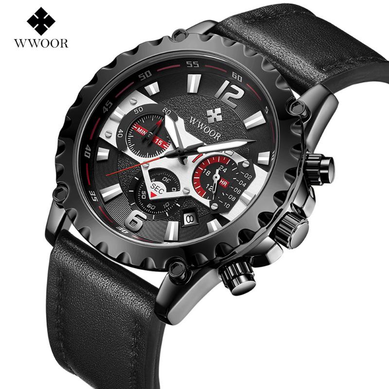 WWOOR Мужские часы с кожаным ремешком, повседневные деловые мужские часы, водонепроницаемые модные кварцевые мужские часы