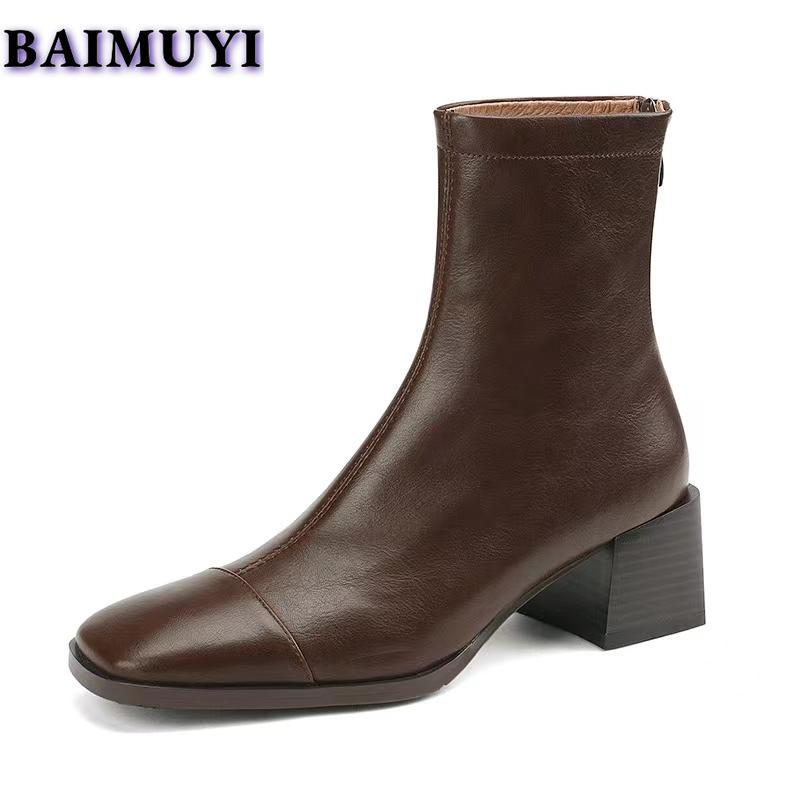 Модные женские ботильоны с квадратным носком на высоком каблуке, меховые зимние ботинки, короткие, плюшевые, 2024, трендовые, челси, ретро, мягкая кожа, осенние, готические, Botas Mujer