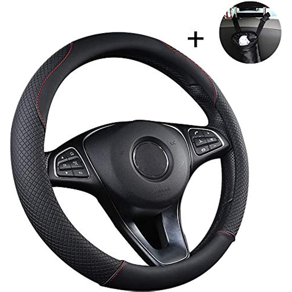 Универсальный чехол на руль автомобиля, сверхпрочный противоскользящий чехол из натуральной кожи, 38 см, черный и красный, плюс автомобильное мусорное ведро