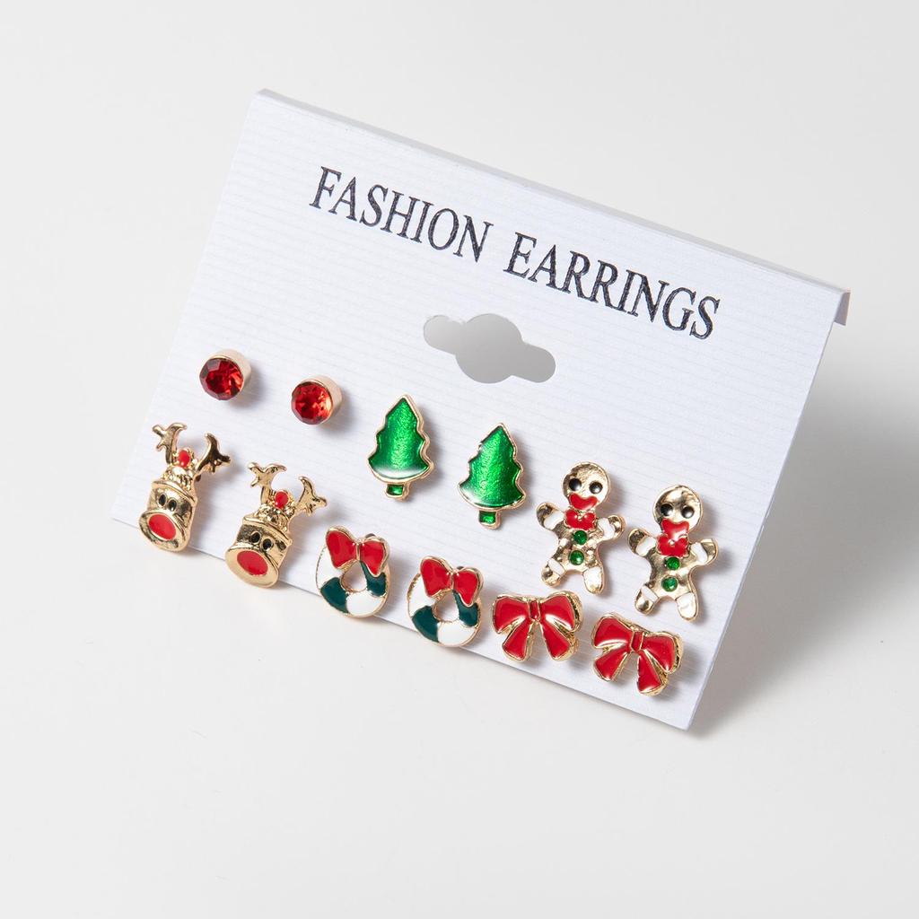Santa Claus & Christmas Tree Drip Oil Earrings Set - 6 Pieces