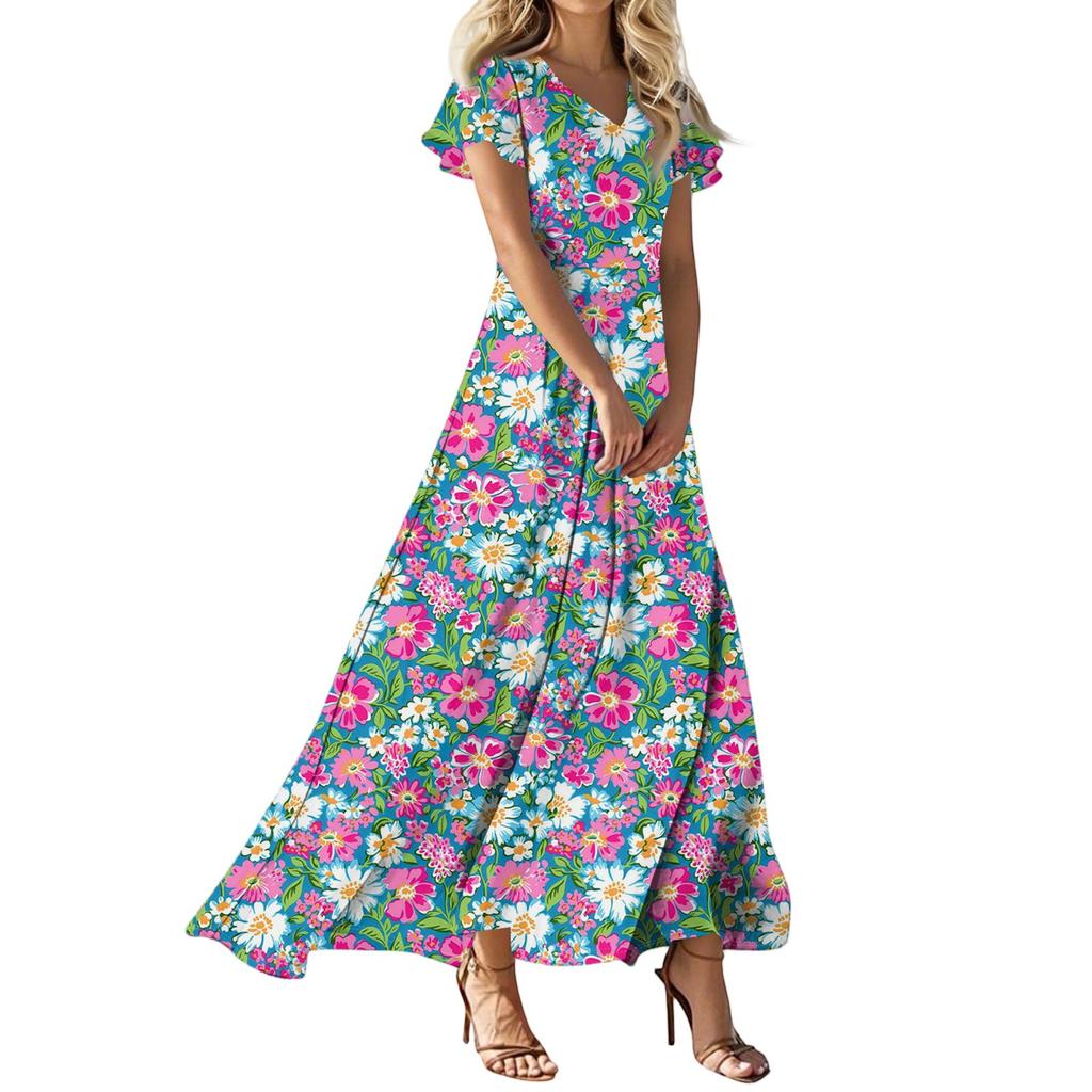 Женское платье макси в стиле бохо, женское летнее платье с коротким рукавом, весеннее повседневное платье А-силуэта с V-образным вырезом, летний пляжный сарафан для отдыха