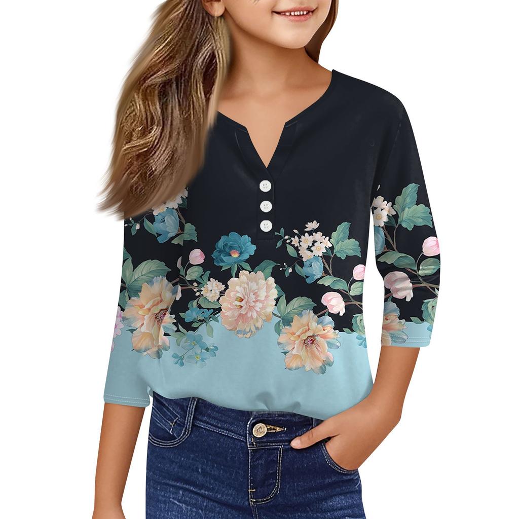 Повседневные модные топы для девочек с принтом, футболка с семью рукавами и пуговицами