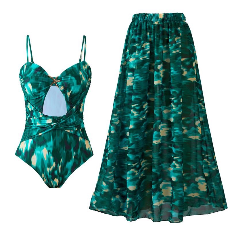 Ретро-зеленый купальник с принтом, вырезом, цельный купальник-бикини, прикрытый юбкой, обтягивающий женский летний пляжный купальник