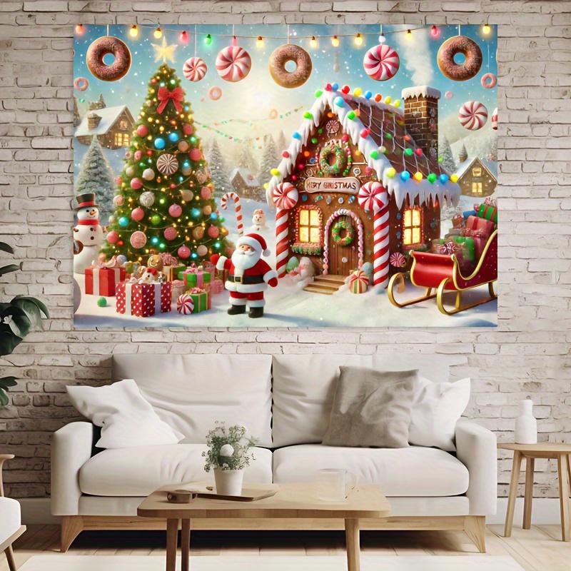 Charming gingerbread house Christmas background, polyester, fairy tale design with Santa Claus, snowmen, and holiday gifts
