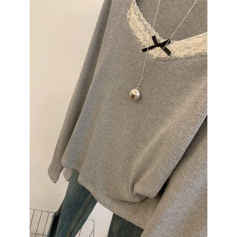 Кружевная лоскутная футболка с длинным рукавом для женщин, тонкие серые хлопковые футболки с бантом и v-образным вырезом, осенние повседневные милые милые топы Harajuku Y2k