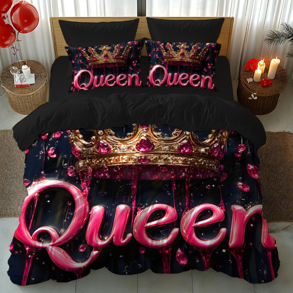 Queen-Themed 3D Crown Pattern Duvet Cover Set Ultra-Soft Microfiber Bedding Fantasy Design Machine Washable For Bedroom And Dorm