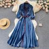 RUGOD Spring and Autumn New Retro Denim Dress Women's Long-sleeved Design Waist Shirt Dress Button High Waist Dress