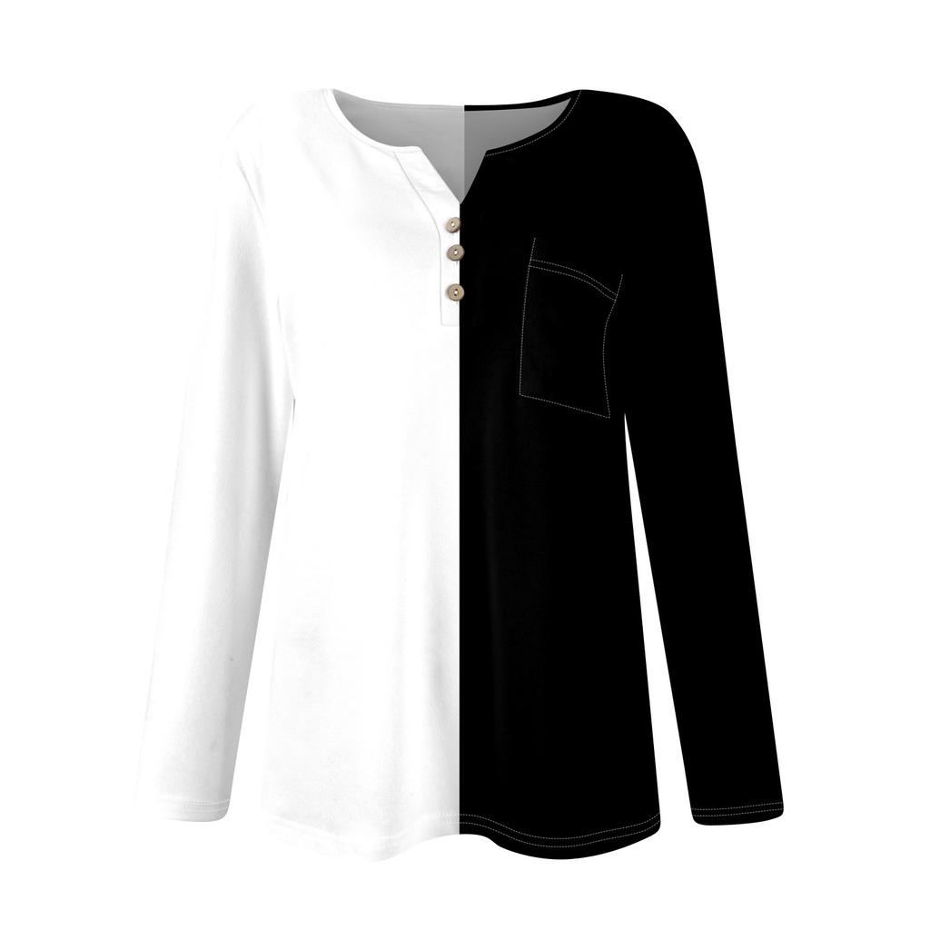 Женская футболка с длинным рукавом на пуговицах, повседневная, выходного дня, модная, базовая, с V-образным вырезом, обычная, с карманом