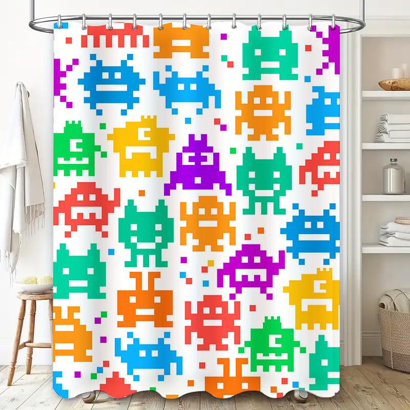 Pixelated Space Invaders Shower Curtain Set Multi-Color Retro Video Game Decor For Bathroom