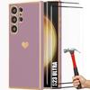 Case for Samsung Galaxy S23 Ultra - Purple - Shockproof TPU - Heart Pattern - 2 Tempered Glass