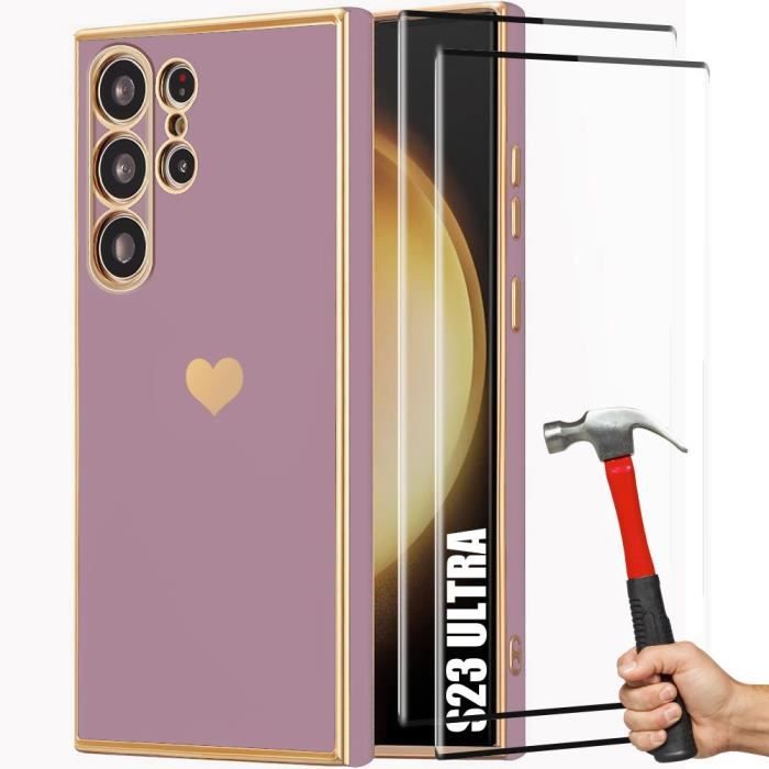Coque pour Samsung Galaxy S23 Ultra - Violet - Antichoc TPU - Motif Cœur - 2 Verres Trempés