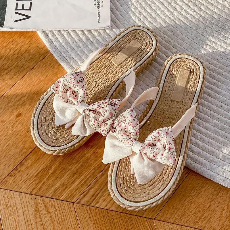 Fashion Slides Open Toe Bow Flip Flops Women's Slippers and Ladies Sandals Outside Shoes On Beach 2024 Flat Pvc 39 Promotion Top Designs