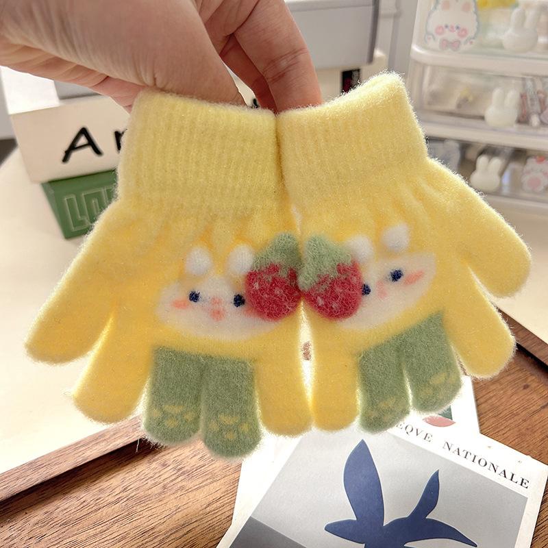 Cartoon Gloves Grass Plum Rabbit Children's Gloves Baby Full Finger Thickened Warm Year Old Full Finger Children New Gloves Cartoon