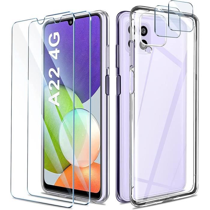 Coque en Silicone - BOOLING - pour Samsung Galaxy A22 - Transparent - 2 Verres Trempés - 2 Protections Caméra