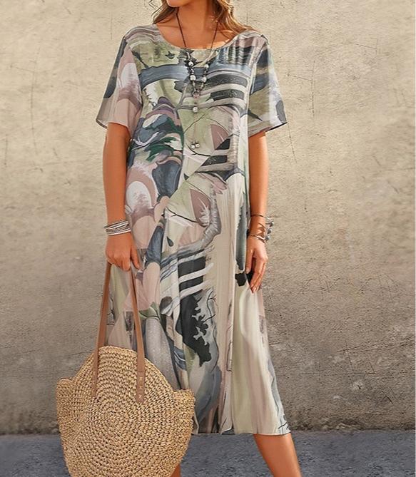 Летнее женское платье с круглым вырезом и коротким рукавом, свободное, повседневное, с принтом, праздничные, винтажные женские платья для женщин