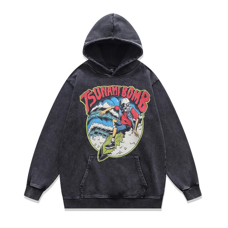 430G Heavy Cotton Hoodie Jacket Retro Cartoon Direct Injection Printing Fried Color Sweater For Men And Women