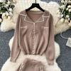 Simple Luxury Premium Solid Color Set Autumn/Winter Knitted Set Women's Polo Loose Shirt Coat+High Waist Skirt Two Piece Sets