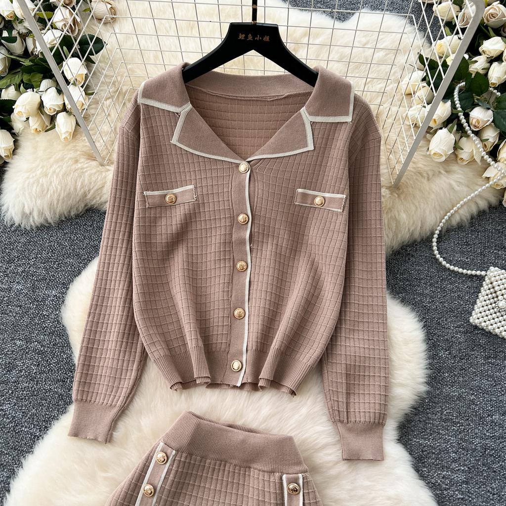 Simple Luxury Premium Solid Color Set Autumn/Winter Knitted Set Women's Polo Loose Shirt Coat+High Waist Skirt Two Piece Sets